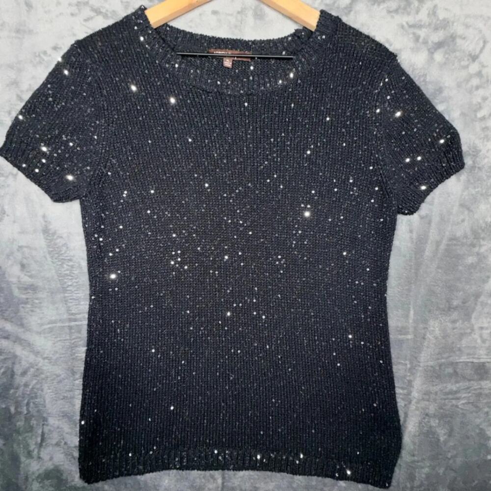 Adrienne Vittadini Womens Petite Sweater Top PL Black Sequin Sparkle Knit Blouse